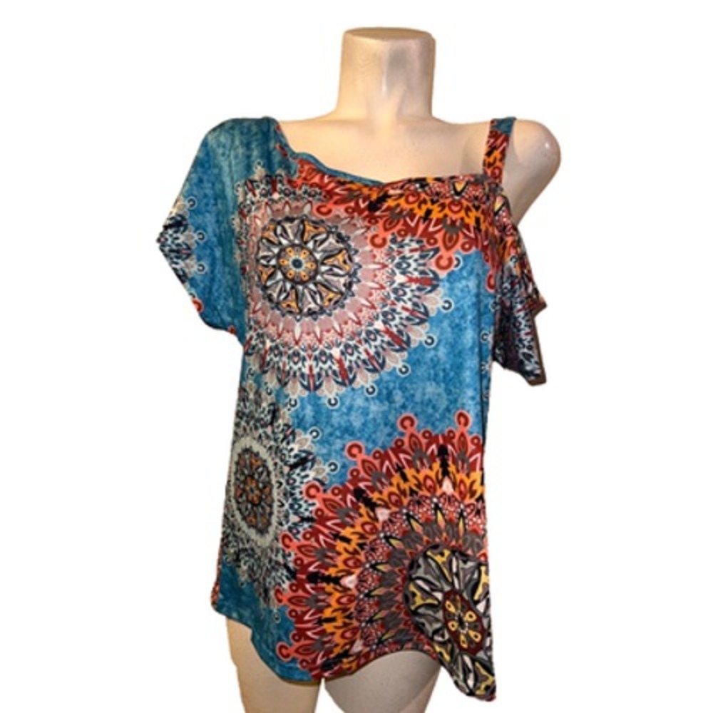 New Cyanstyle One Shoulder Mandala Print Tunic Top Blue Orange Women's Size L